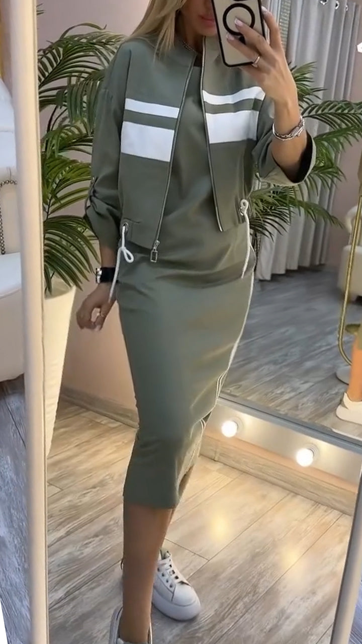 Pravella - Casual-chic women's set with round-neck midi dress and zip-up jacket