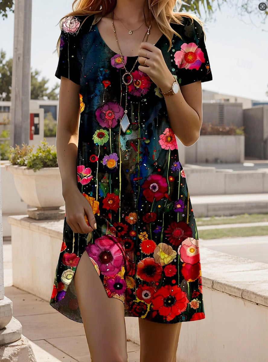 Nivara - Round Neck Dress with Indian Print and Short Sleeves