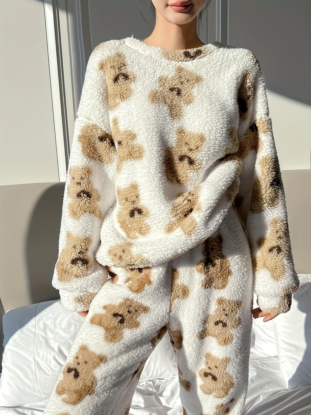 Teddy Bear Print Lounge Set | Ivory & Tan | Ultra-Soft Nylon | Cozy Loungewear