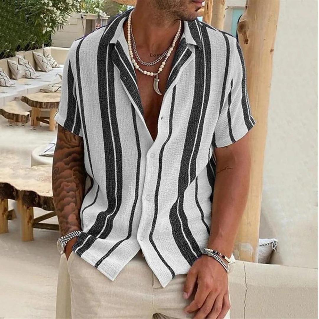 Men’s Short Sleeve Button-Up Shirt | Lightweight Linen Blend | Vertical Stripe Summer Shirt