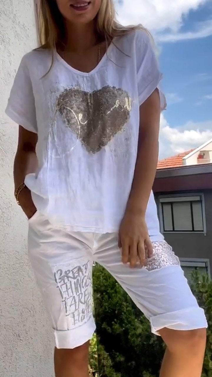 Anitra - Casual Two Piece V-Neck Set with Gold Embossed