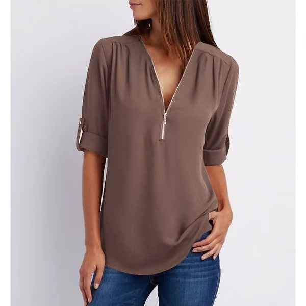 Quelina - Loose-Fitting 3/4 Sleeve Zip-Up Blouse