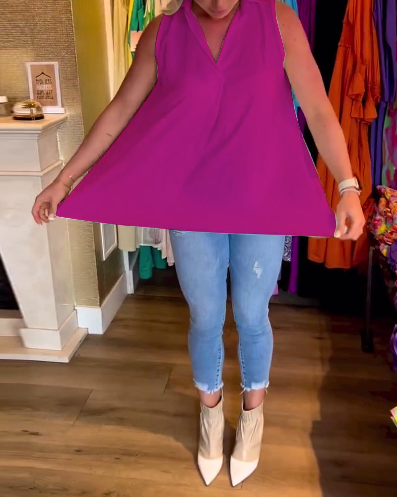 Tahliana - Sleeveless Top with Subtle Ruffles and Elegant Lapels