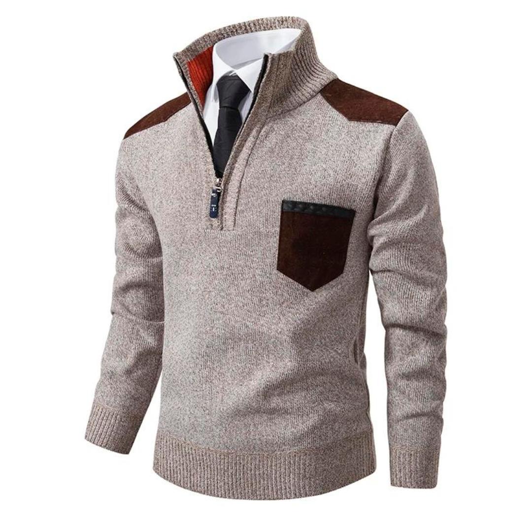 Men’s Quarter-Zip Knit Sweater | Contrast Suede Trim | Fall Layering Essential