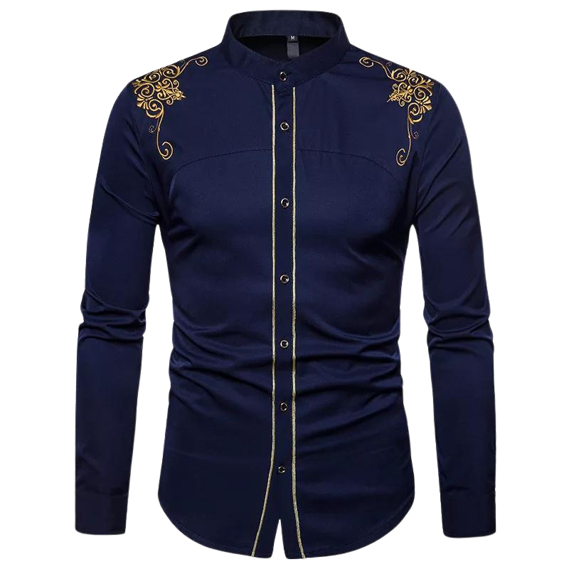 Men's Embroidered Dress Shirt | Gold Accent Trim & Slim Fit | Formal Casual Blend