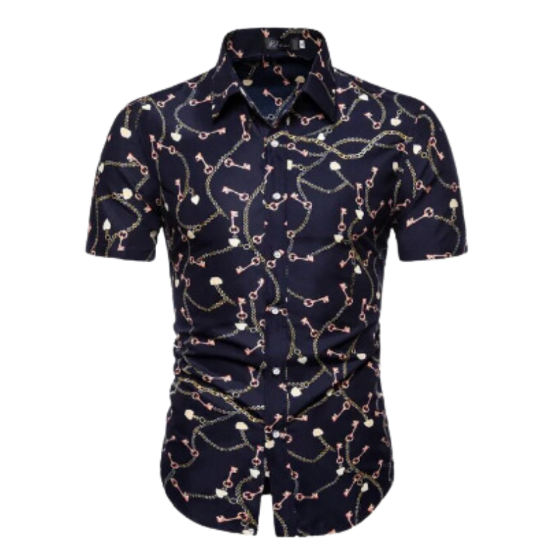 Men’s Navy Printed Short Sleeve Shirt | Button-Up Casual Summer Top | Slim Fit