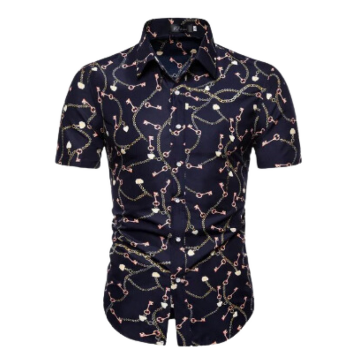 Men’s Navy Printed Short Sleeve Shirt | Button-Up Casual Summer Top | Slim Fit