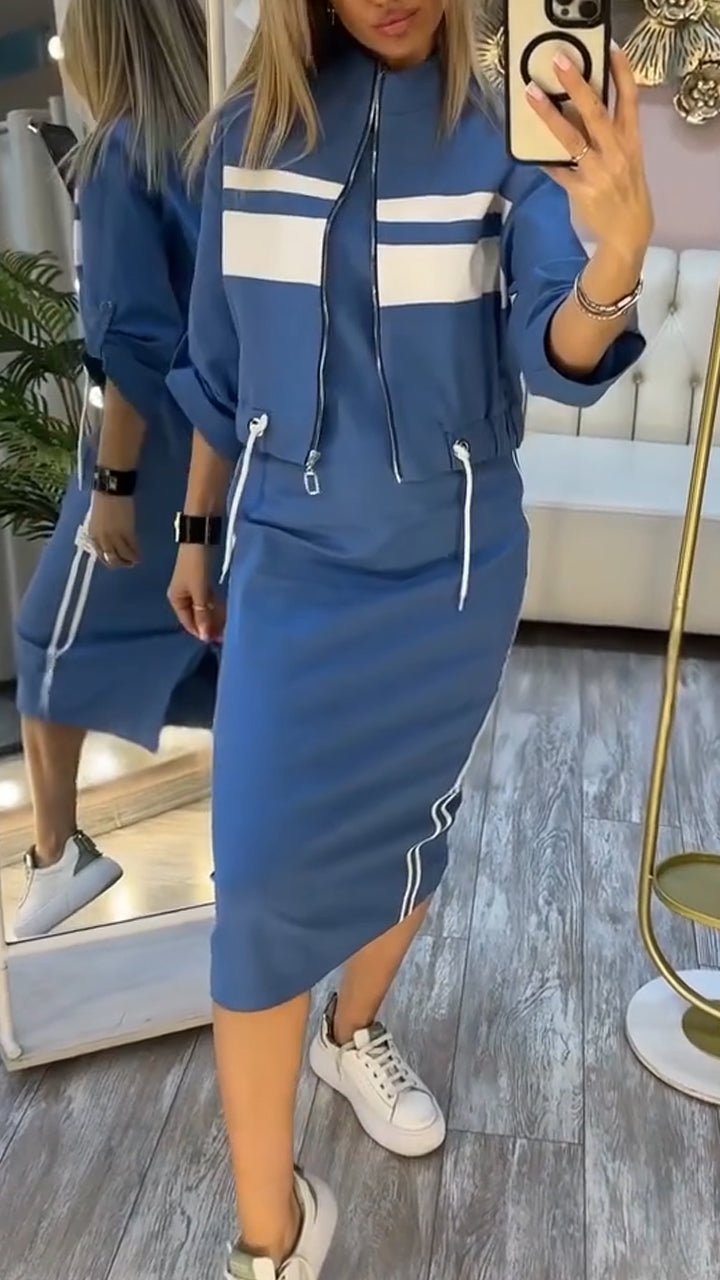 Pravella - Casual-chic women's set with round-neck midi dress and zip-up jacket