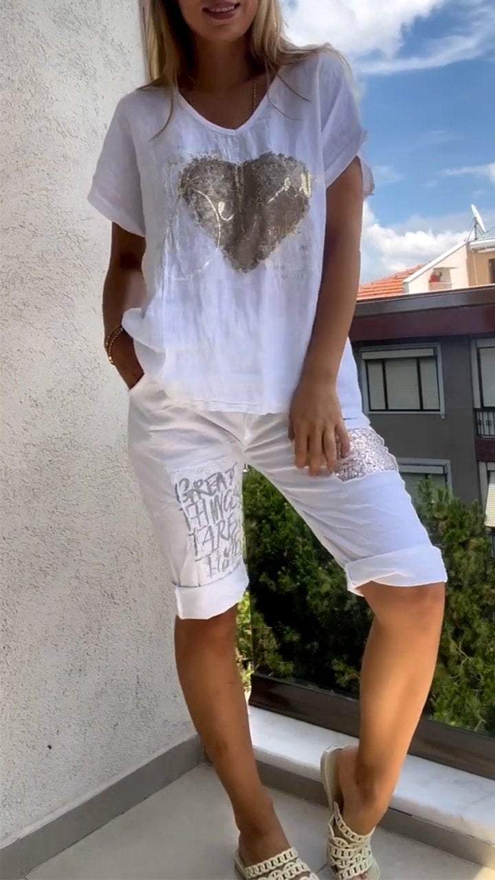 Anitra - Casual Two Piece V-Neck Set with Gold Embossed