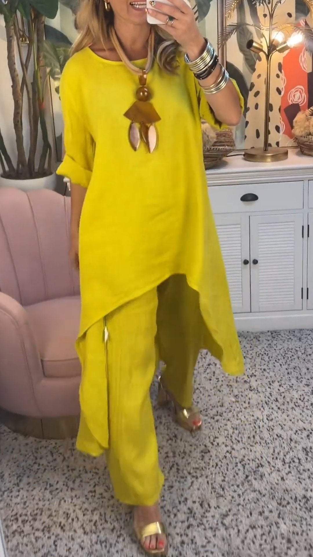 Melantha - Two-Piece Cotton and Linen Set with Round Neckline and Long Sleeves