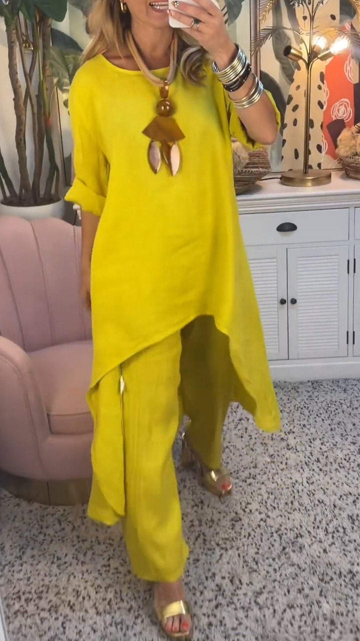 Melantha - Two-Piece Cotton and Linen Set with Round Neckline and Long Sleeves