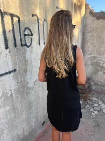 Nerelle - Robe décontractée en coton et lin avec col en V et poche latérale