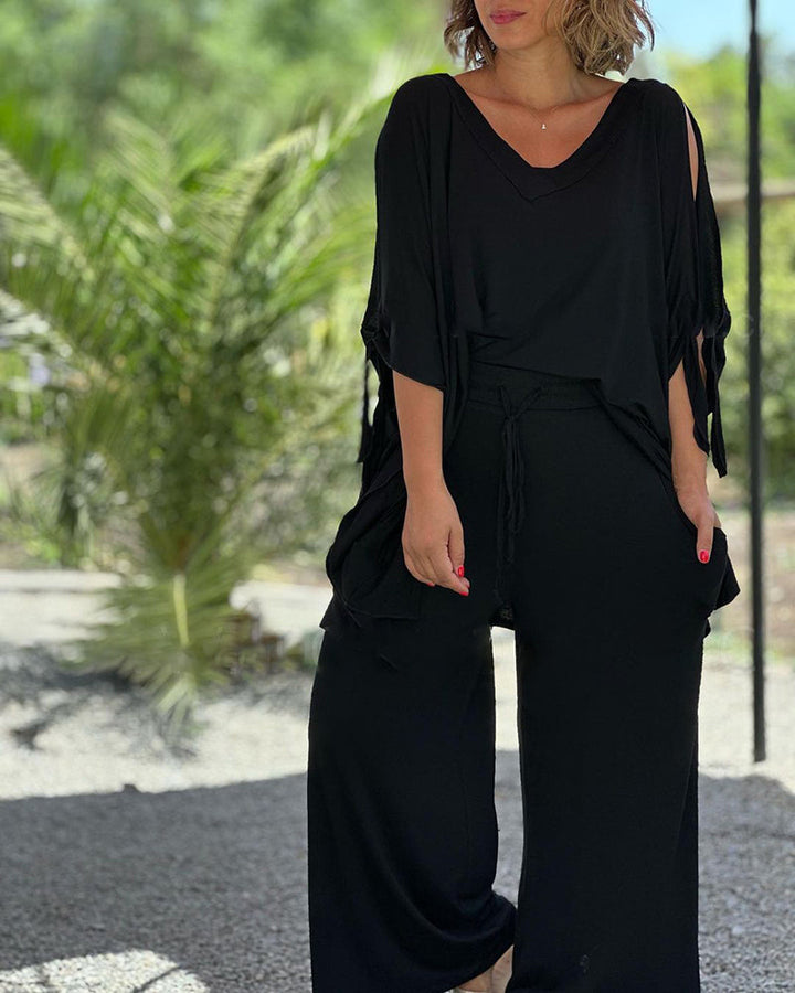 Ginevra - Casual Two-Piece V-Neck and Wide-Leg Pants Set
