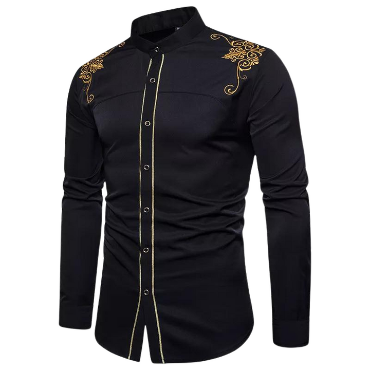 Men's Embroidered Dress Shirt | Gold Accent Trim & Slim Fit | Formal Casual Blend