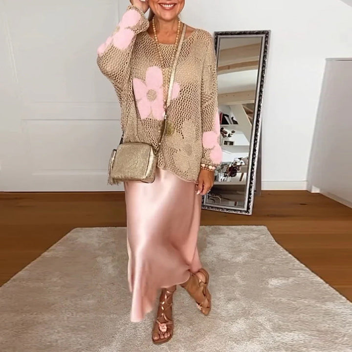 Sasha - Floral knit sweater with long openwork sleeves