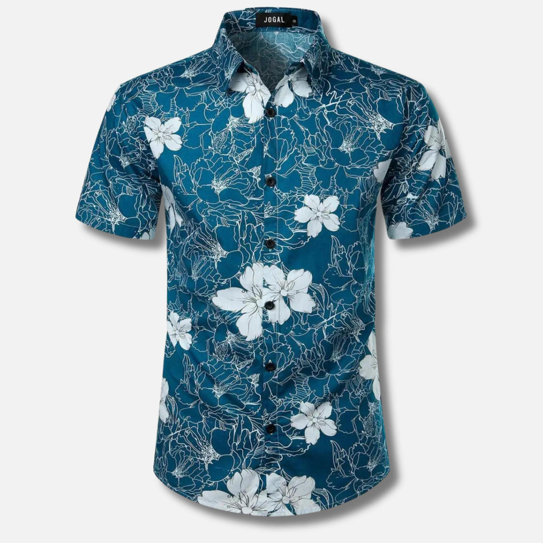 Men's Short Sleeve Button-Up Shirt | Lightweight Cotton Blend | Tropical Floral Print