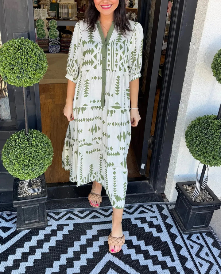 Lorelei - Geometric Button-Down V-Neck Dress