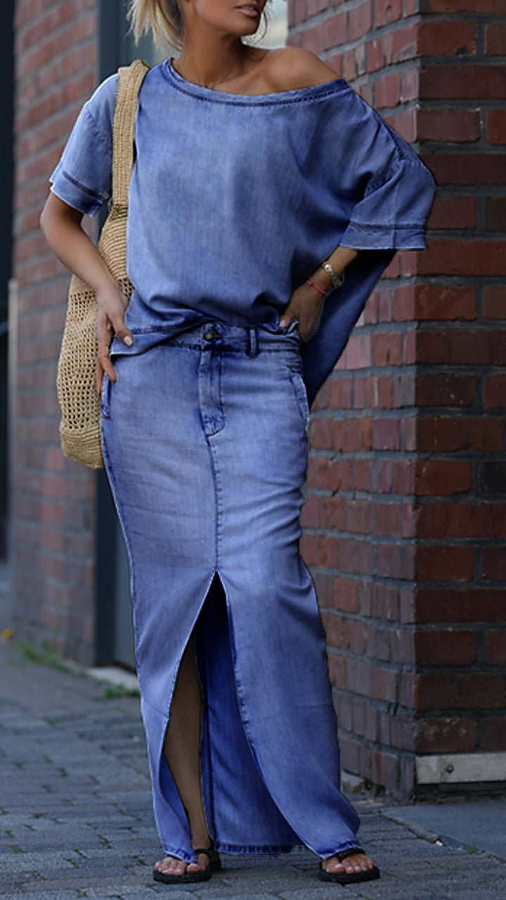 Mireya - Women's Casual Tencel Denim Set with Round Neckline