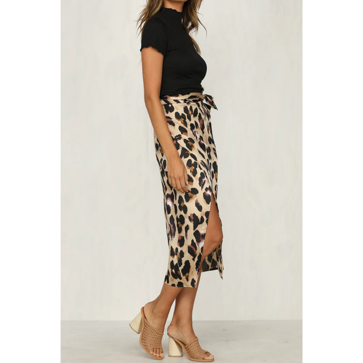 Leopard Print Satin Wrap Skirt | Side Tie Waist | High Slit Midi