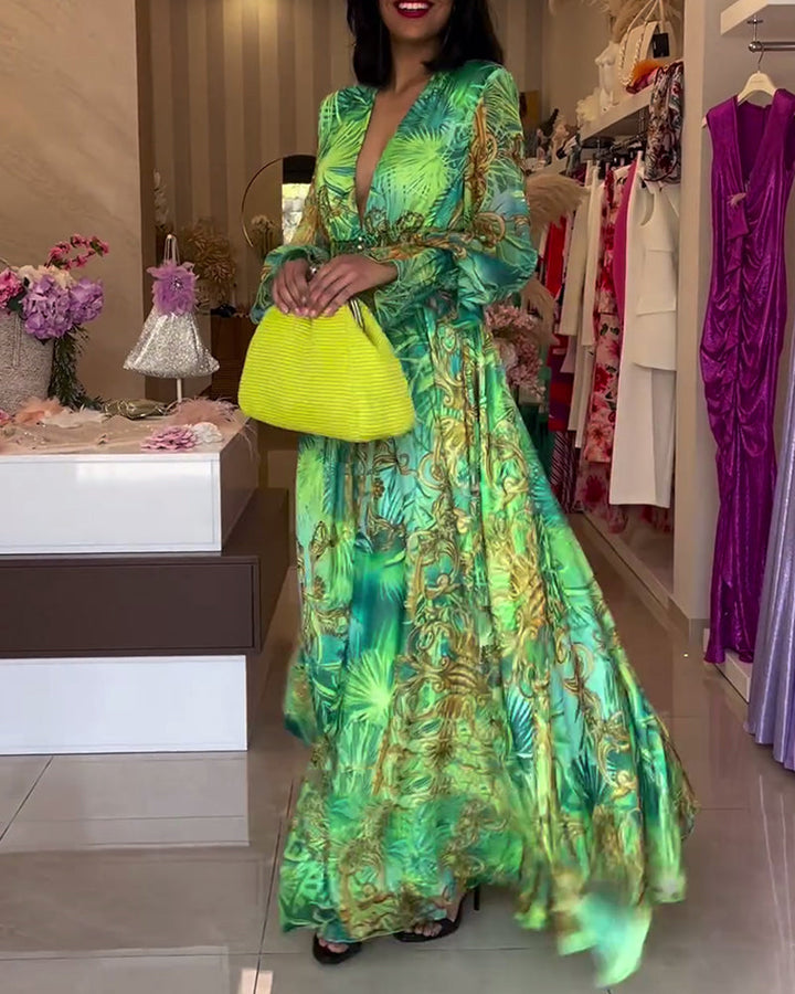 Aceline - Elegant Printed Empire Waist Long Dress