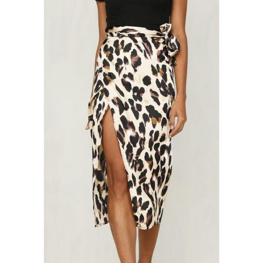 Leopard Print Satin Wrap Skirt | Side Tie Waist | High Slit Midi