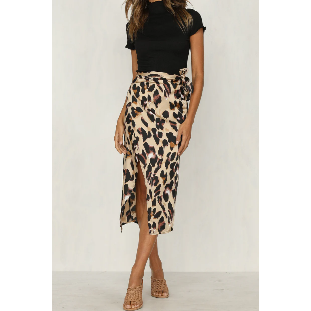 Leopard Print Satin Wrap Skirt | Side Tie Waist | High Slit Midi