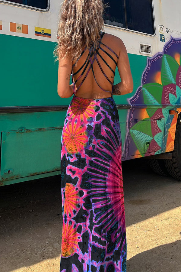 Junaria - Tie-dye print maxi dress with lace-up back, stretchy (with built-in bra)