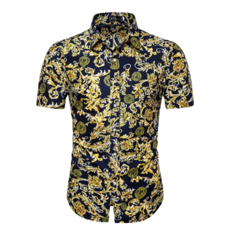 Men’s Navy Printed Short Sleeve Shirt | Button-Up Casual Summer Top | Slim Fit