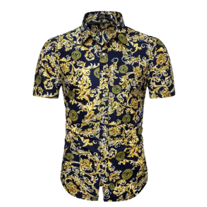 Men’s Navy Printed Short Sleeve Shirt | Button-Up Casual Summer Top | Slim Fit