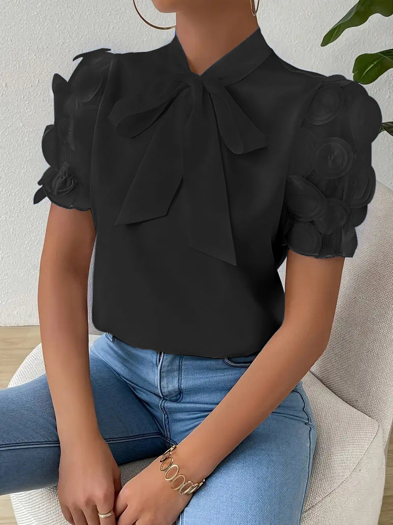Cirelle - Plain lace summer blouse with bow and short sleeves