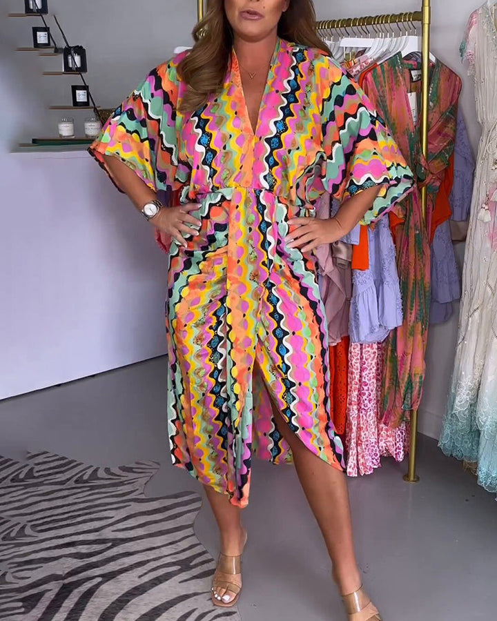 Rosaria - Women's Multicolor V-Neck Midi Dress