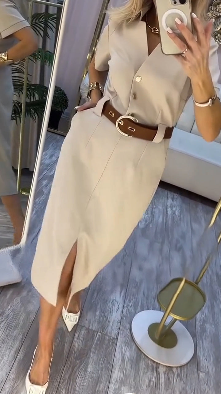 Belenora - Casual dress with lapel collar and elegant slit