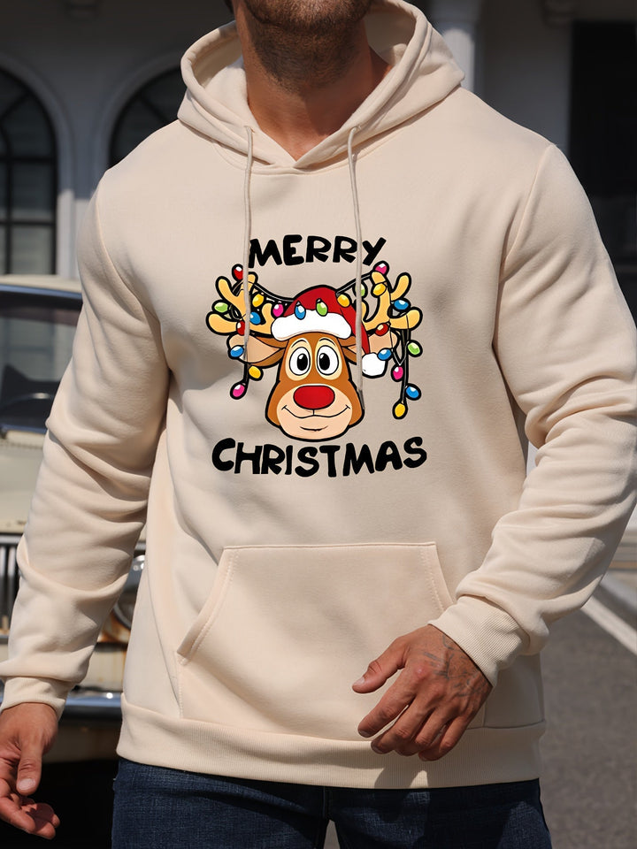 Men's Holiday Hoodie | Graphic Reindeer Print | Fleece Pullover Fit