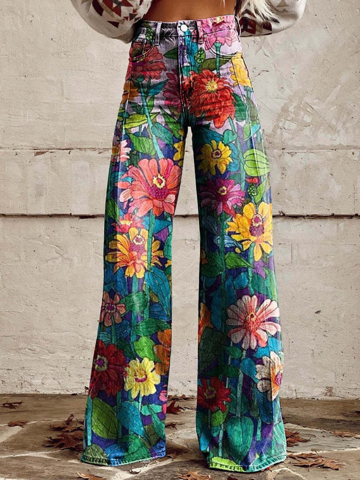 Wide Leg Printed Jeans | Floral & Leopard Pattern | Statement Fit