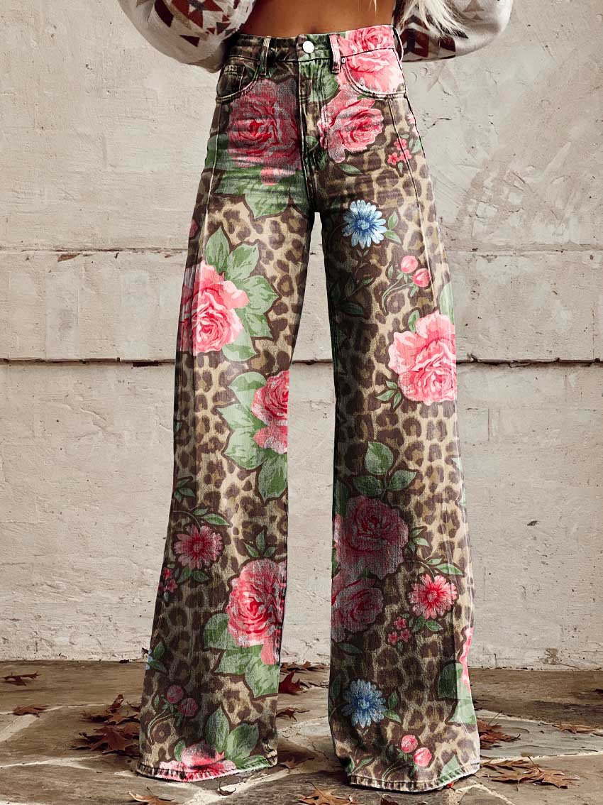 Wide Leg Printed Jeans | Floral & Leopard Pattern | Statement Fit