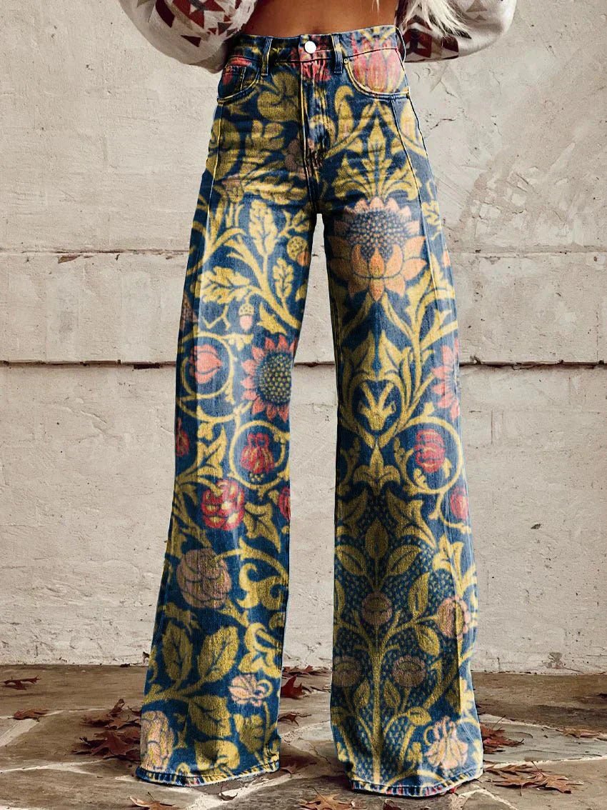 Wide Leg Printed Jeans | Floral & Leopard Pattern | Statement Fit