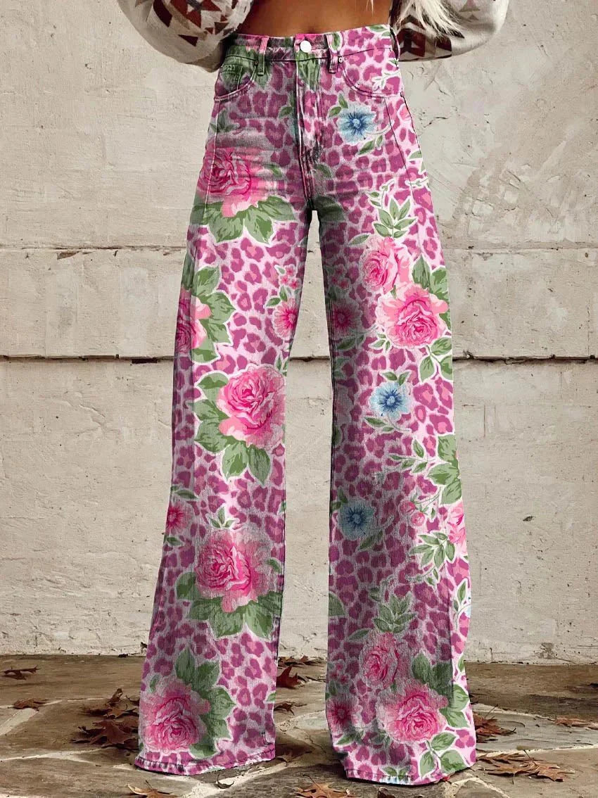 Wide Leg Printed Jeans | Floral & Leopard Pattern | Statement Fit