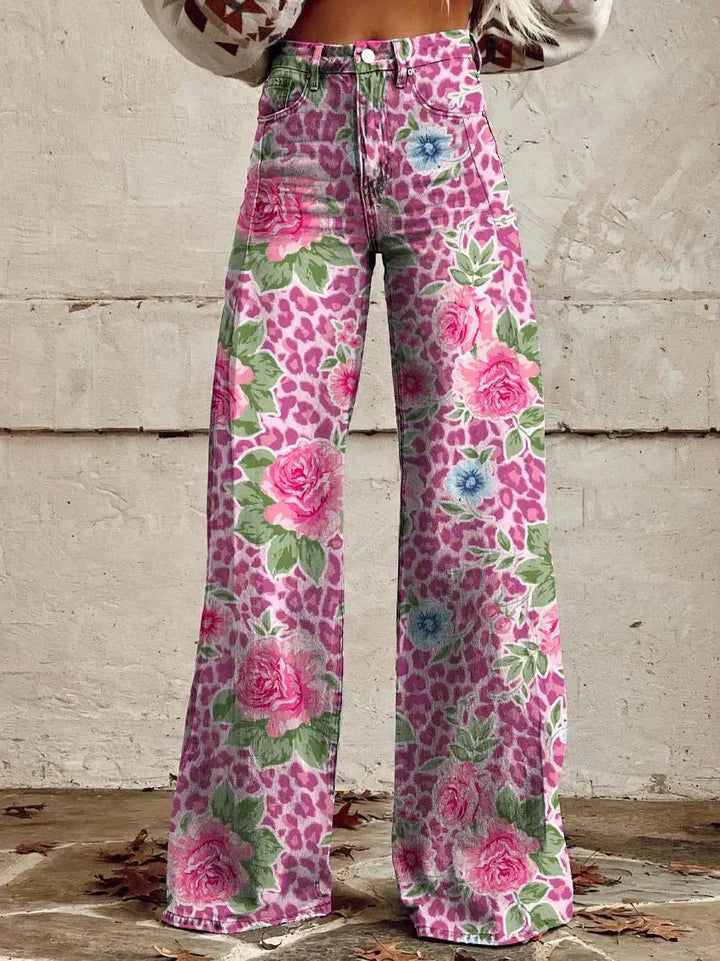 Wide Leg Printed Jeans | Floral & Leopard Pattern | Statement Fit