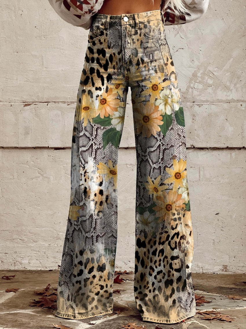 Wide Leg Printed Jeans | Floral & Leopard Pattern | Statement Fit