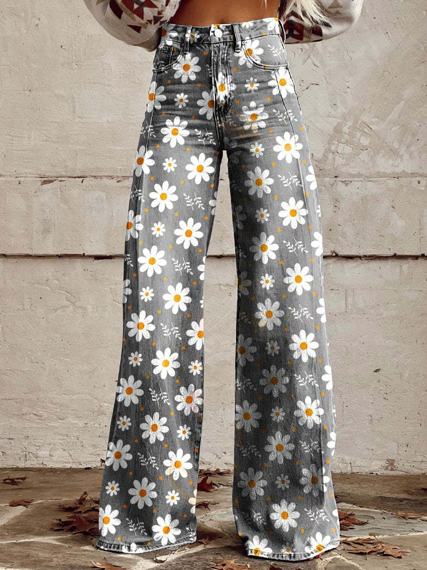 Wide Leg Printed Jeans | Floral & Leopard Pattern | Statement Fit