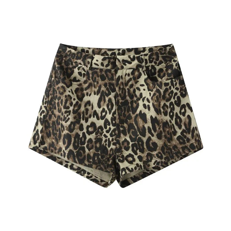 High-Waisted Denim Shorts | Leopard Print with Rolled Hem
