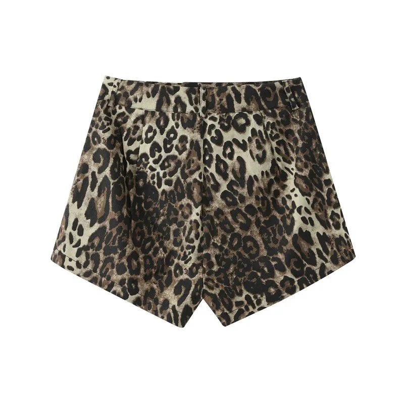High-Waisted Denim Shorts | Leopard Print with Rolled Hem