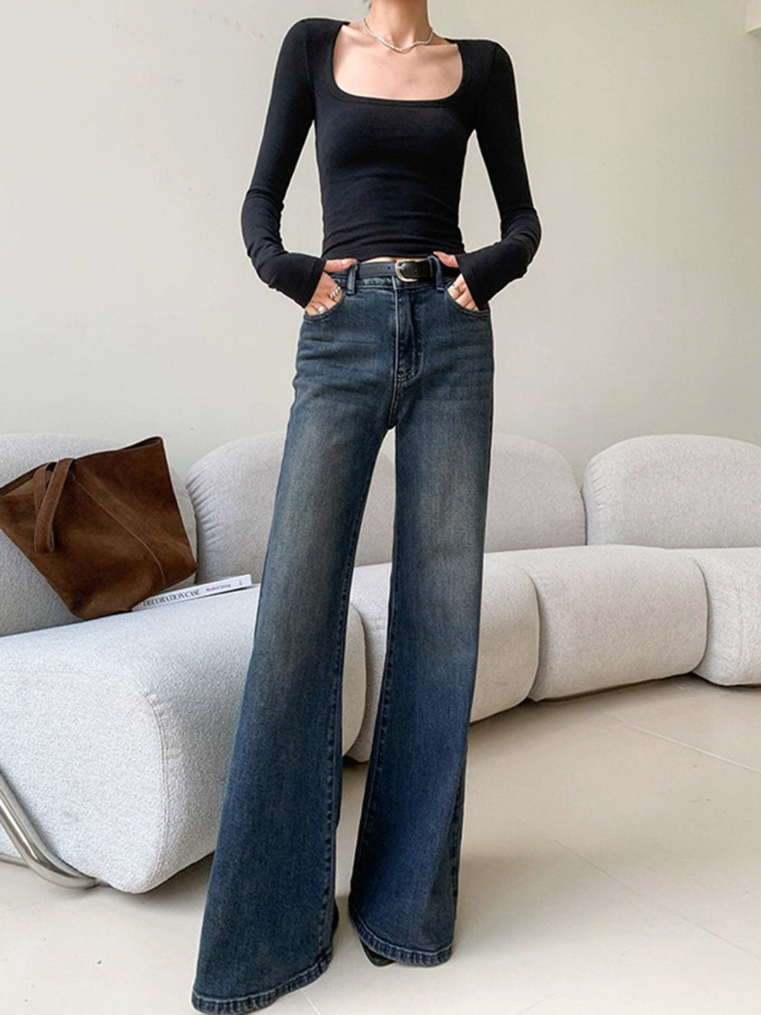 High-Waist Wide-Leg Jeans | 100% Cotton Denim | Washed Blue