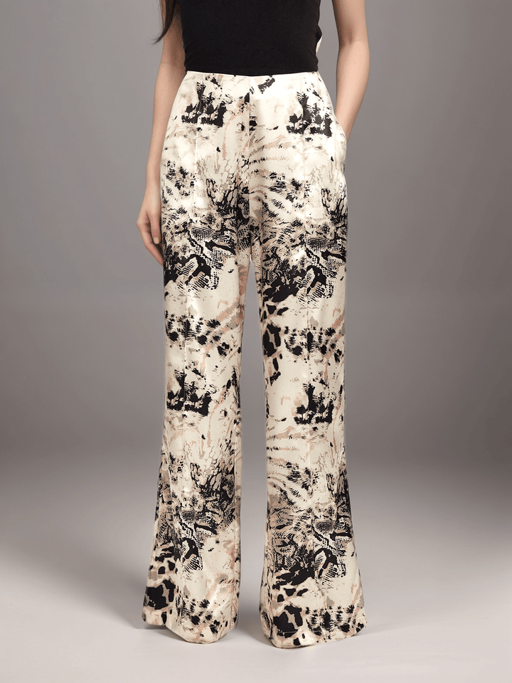 Finish Abstract Print Wide-Leg Trousers |Casual Chic | Satin Finish | Artistic Pattern
