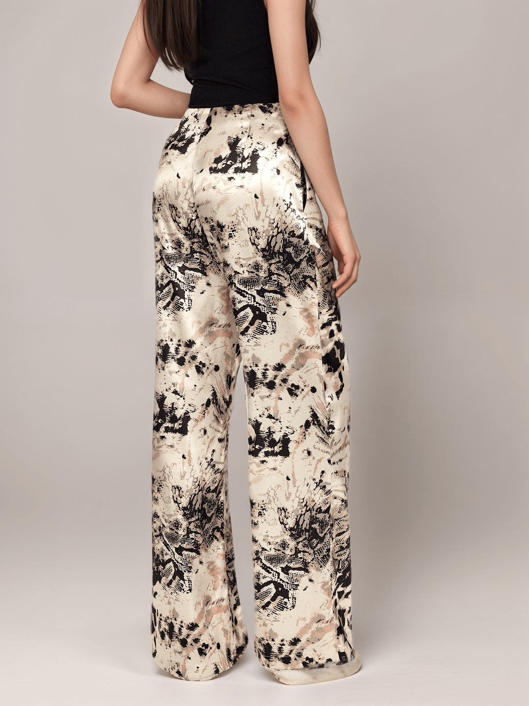 Finish Abstract Print Wide-Leg Trousers |Casual Chic | Satin Finish | Artistic Pattern