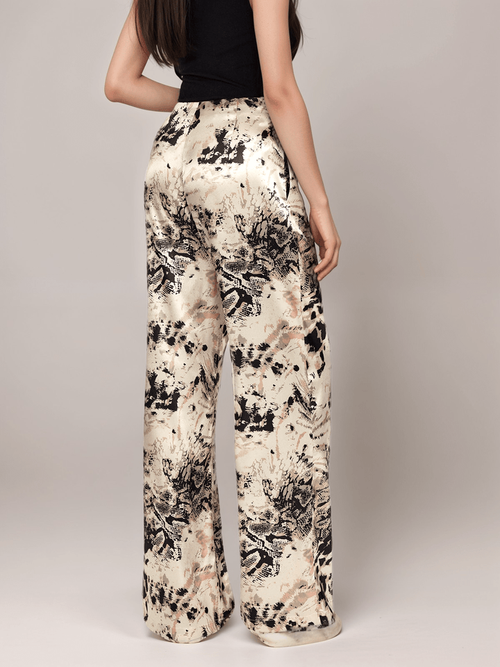 Finish Abstract Print Wide-Leg Trousers |Casual Chic | Satin Finish | Artistic Pattern