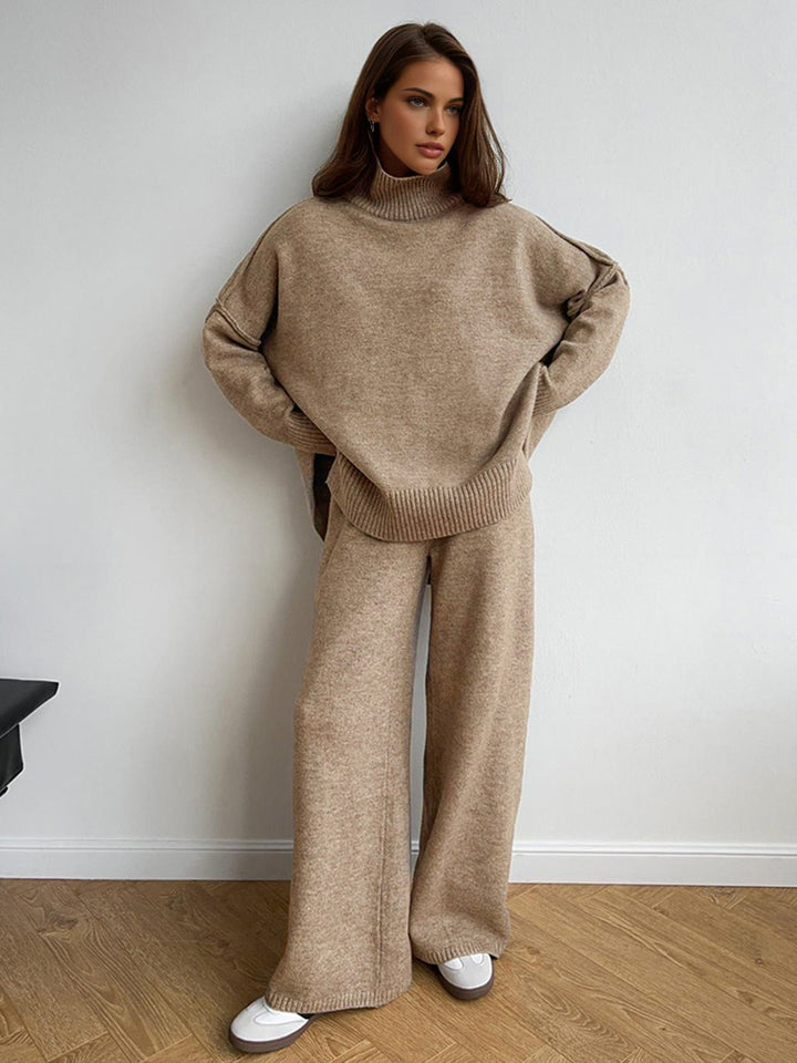 Oversized Knit Two-Piece Set | Split-Hem Sweater & Wide-Leg Pants | Casual Comfort
