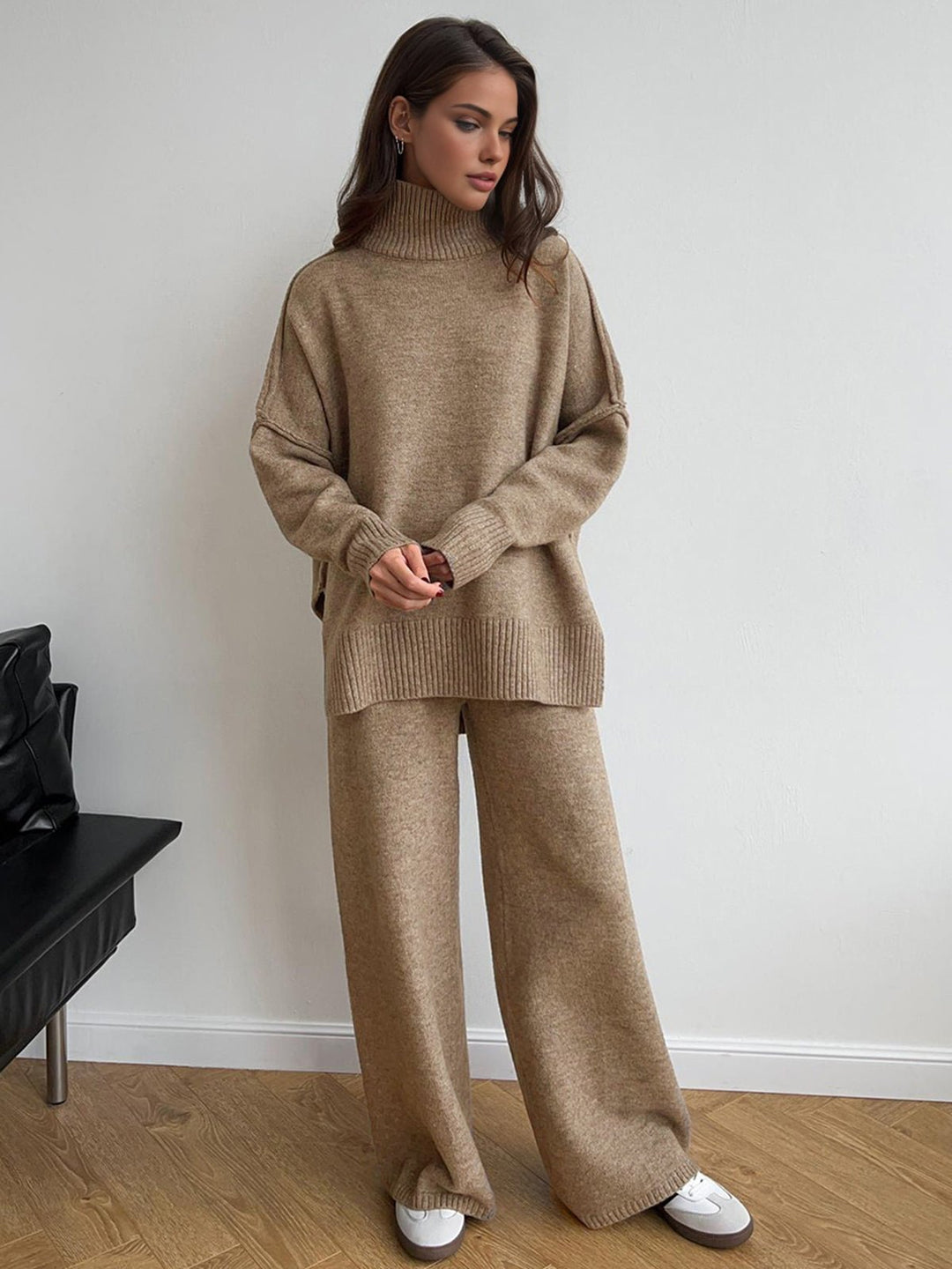 Oversized Knit Two-Piece Set | Split-Hem Sweater & Wide-Leg Pants | Casual Comfort