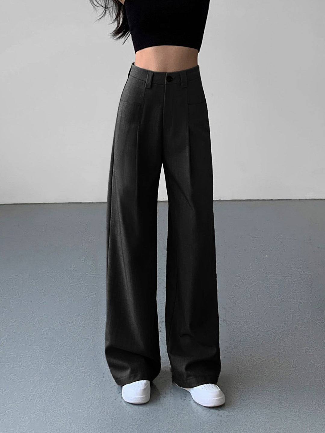 Mid-Waist Wide-Leg Trousers | Casual Elegance | Woven Fabric