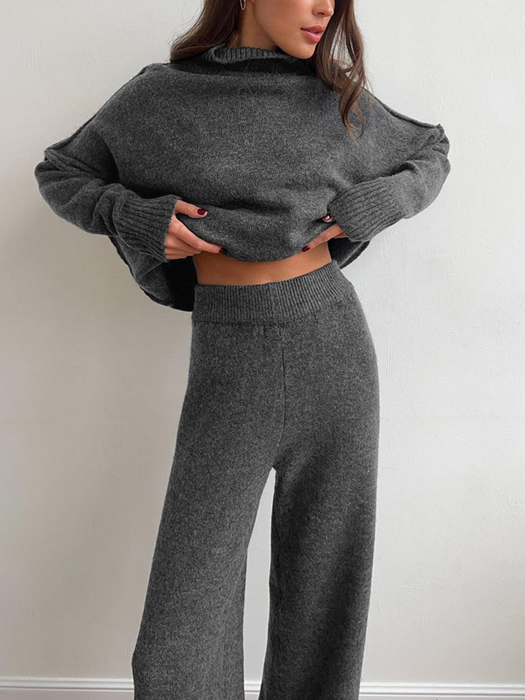 Oversized Knit Two-Piece Set | Split-Hem Sweater & Wide-Leg Pants | Casual Comfort